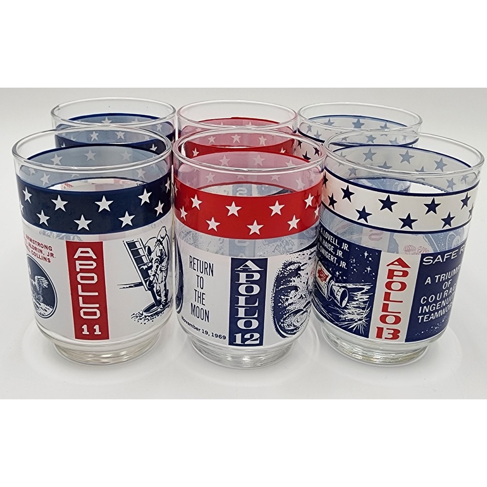 NASA Apollo 11 12 13 Moon Landing Juice Glasses Set 6 Blue Red White Promo